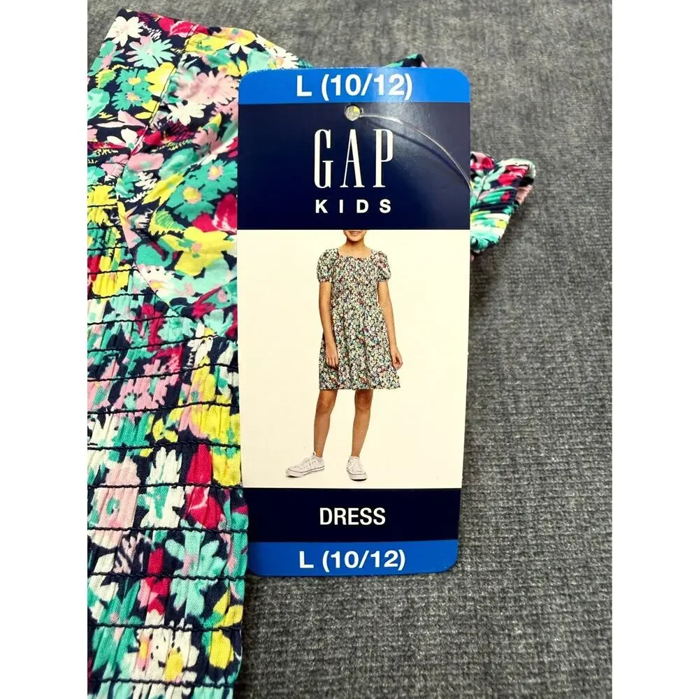 NWT Gap Knee Length Smocked Dress Girls L(10/12) Multicolor Floral Short-Sleeve